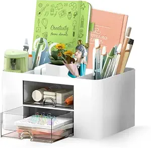 Desk Organizer with 2 Drawers | Multi-Functional Stationery Holder for Office